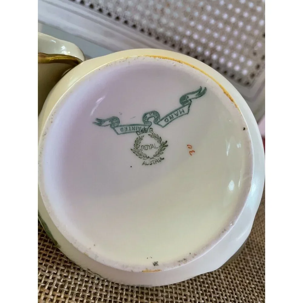 D & E.G. Royal Austria Handpainted Artist Signed Purple Floral Creamer & Sugar
